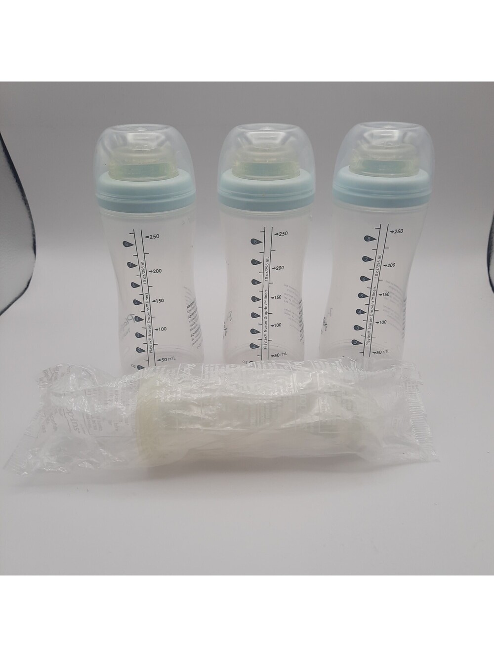 Vtg Lot Of 3 Playtex Nurser Drop In Bottles 8 oz W/Nipples, 5 Liners Blue